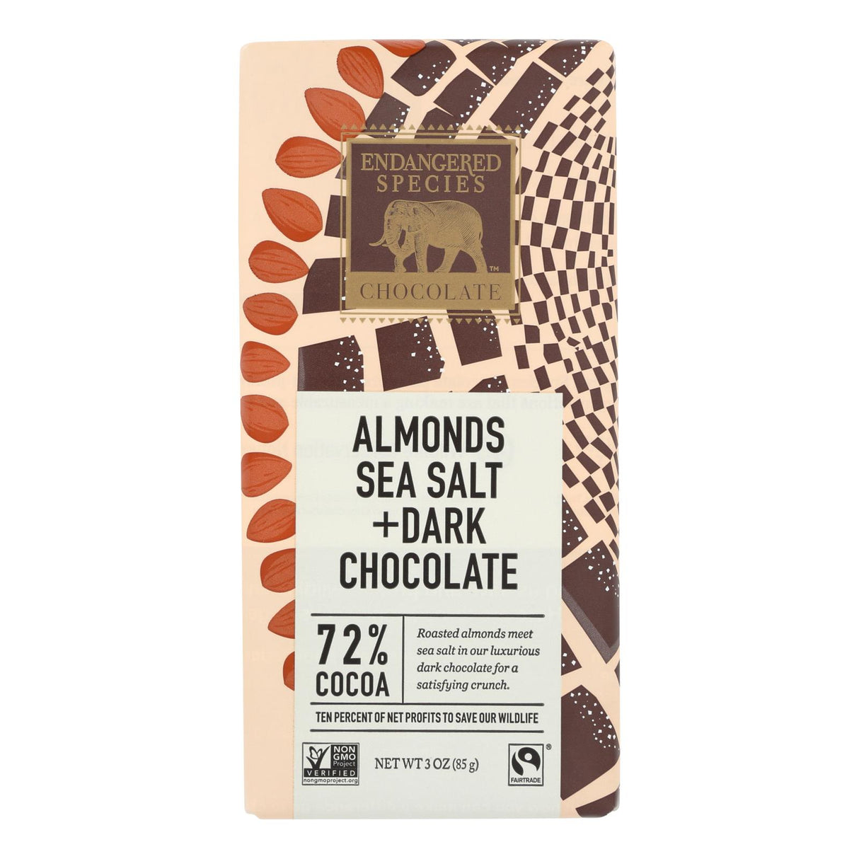 Endangered Species Natural Chocolate Bar (Pack of 12) - Dark Chocolate 72% Cocoa with Sea Salt and Almonds, 3oz Bars - Cozy Farm
