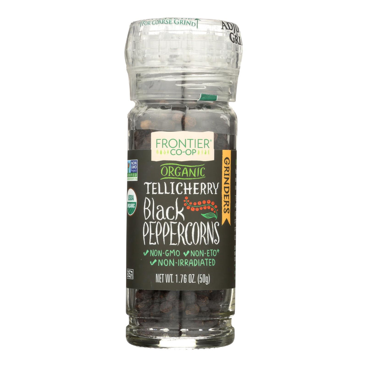 Frontier Organic Whole Black Tellicherry Grade Peppercorns Refillable Grinder Bottle (Pack of 6 - 1.76 oz) - Cozy Farm