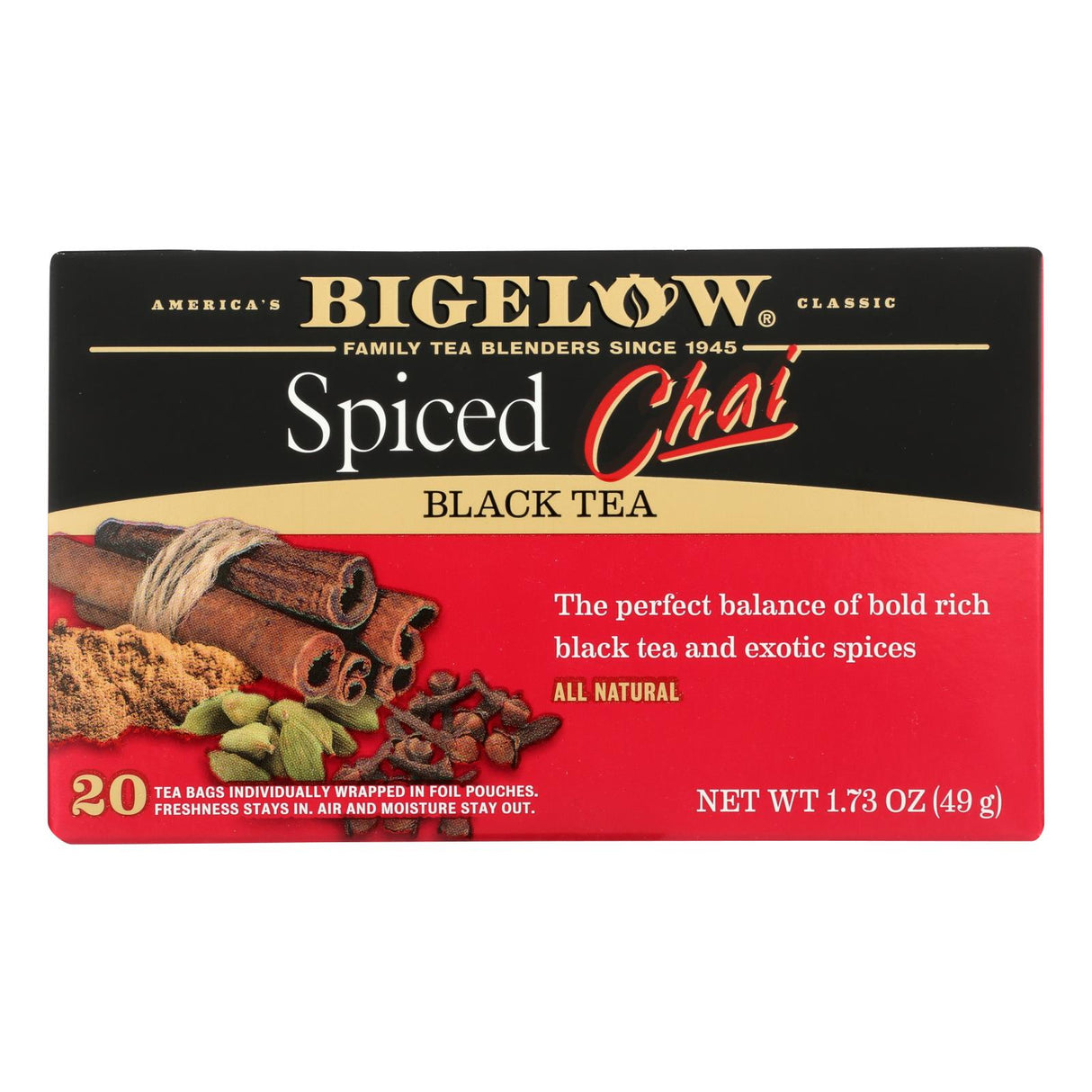 Bigelow Tea Black Spiced Chai Black Tea Bags (Pack of 6 x 20 Count) - Cozy Farm