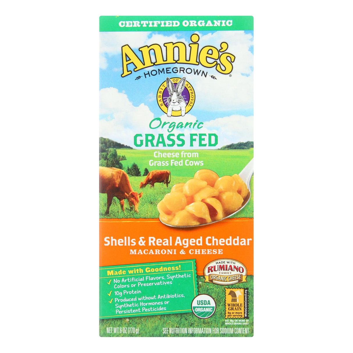 Annie's Organic Grass-Fed Shells & Real Aged Cheddar Macaroni & Cheese, 6 Oz Pack of 12 - Cozy Farm