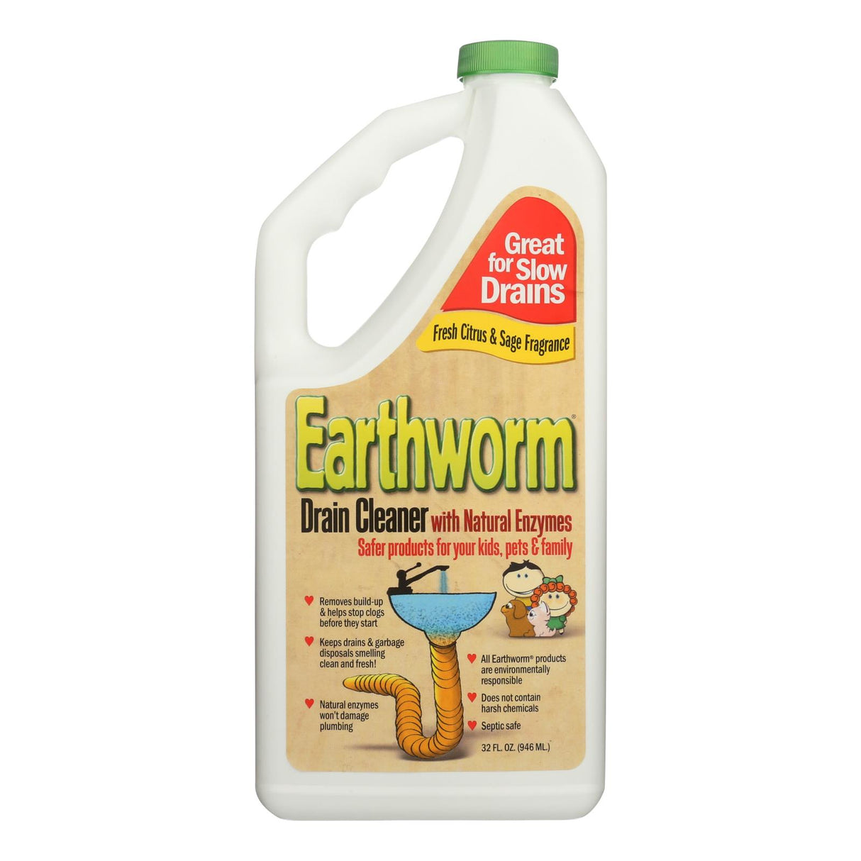 Earthworm Drain Cleaner . With Natural Enzymes | 6x32 Fl Oz. - Cozy Farm