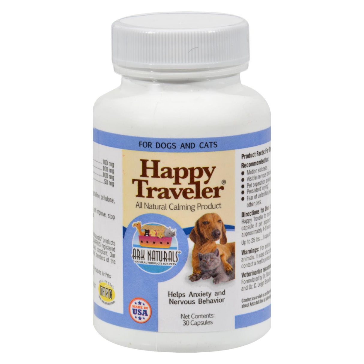 Ark Naturals Happy Traveler Calming Aid for Dogs and Cats - 30 Capsules - Cozy Farm