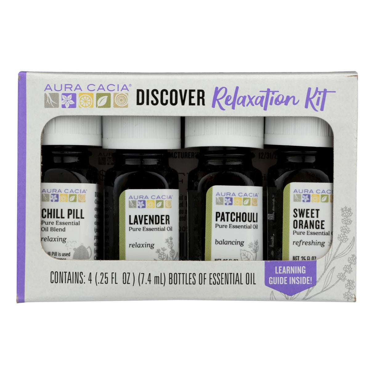 Aura Cacia Relaxation Essential Oil Kit: Lavender, Clary Sage, Sweet Marjoram, Bergamot (4 x 0.25 Fl Oz.) - Cozy Farm
