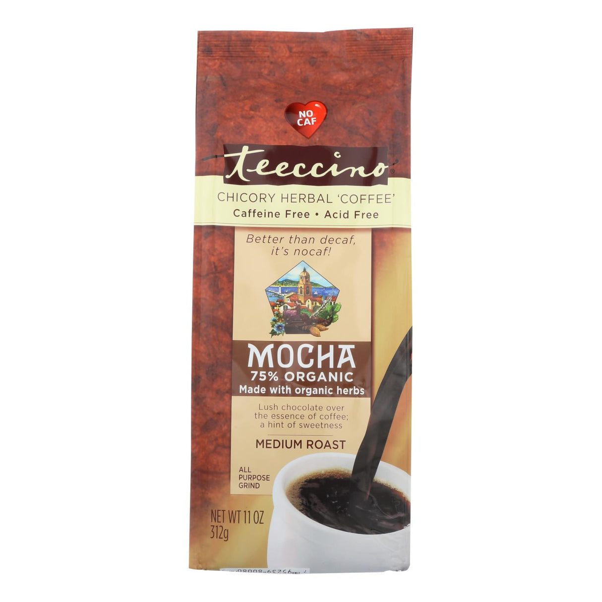 Teeccino Mediterranean Herbal Coffee, Decaf, Mocha, 6 Pack, 11 Oz. Per Bag - Cozy Farm