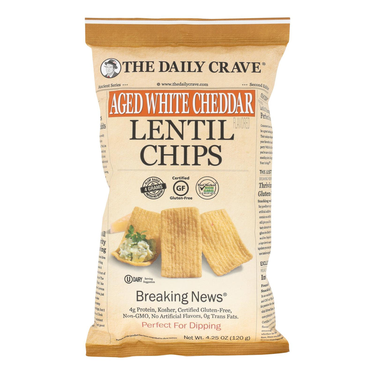 The Daily Crave Lentil Chips, Aged White Cheddar, 8-Pack (4.25 Oz. Bags) - Cozy Farm