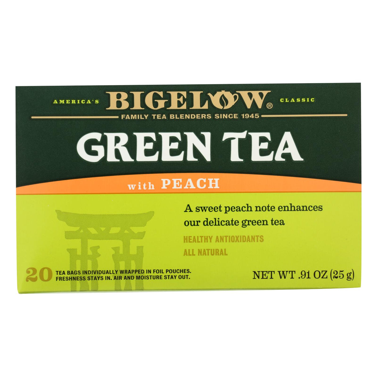 Bigelow Green Tea with Peach Flavor, 20 Individually Wrapped Tea Bags - Cozy Farm