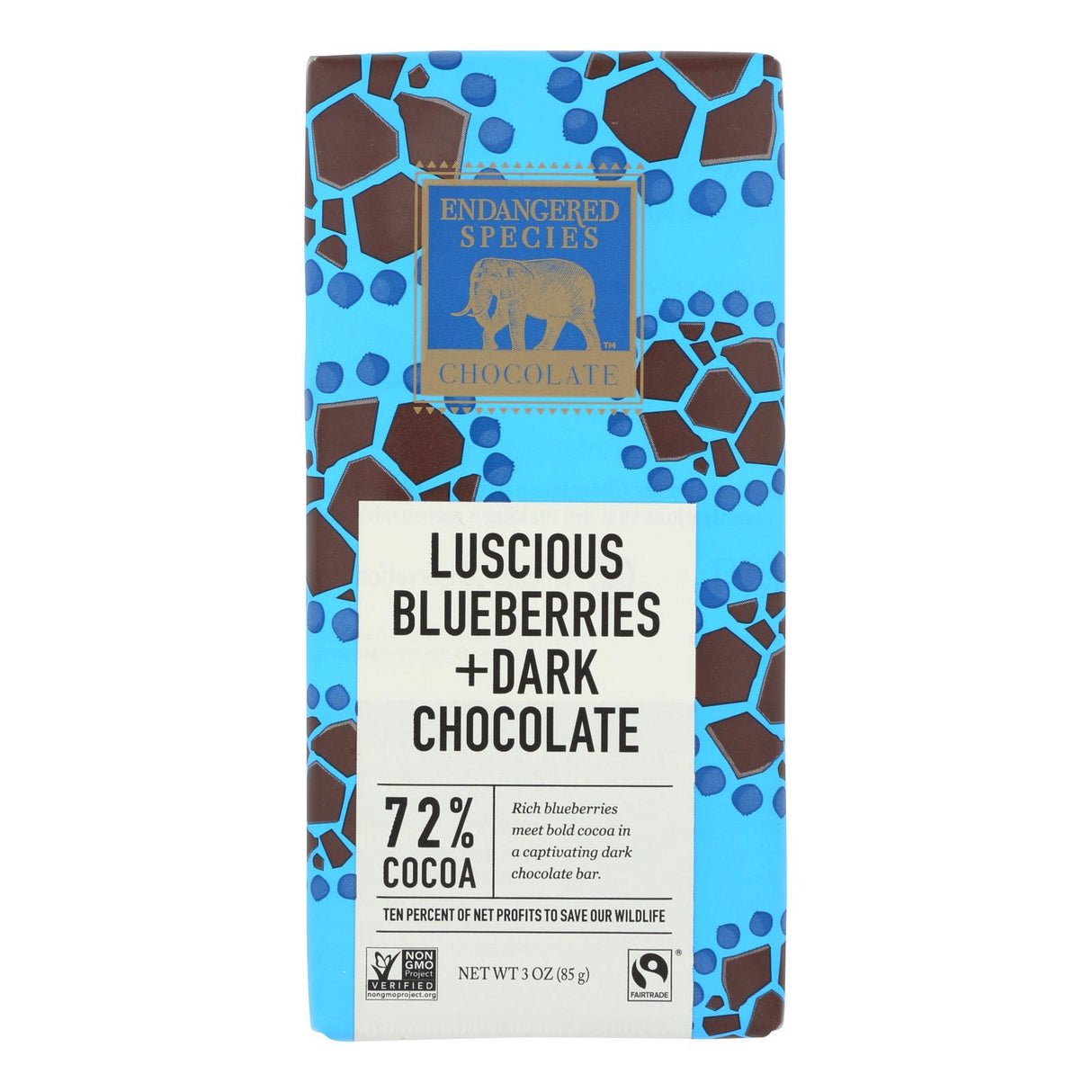 Endangered Species Natural Chocolate Bars (Pack of 12) - Dark Chocolate with 72% Cocoa, Blueberries and 3 Oz Bars. - Cozy Farm