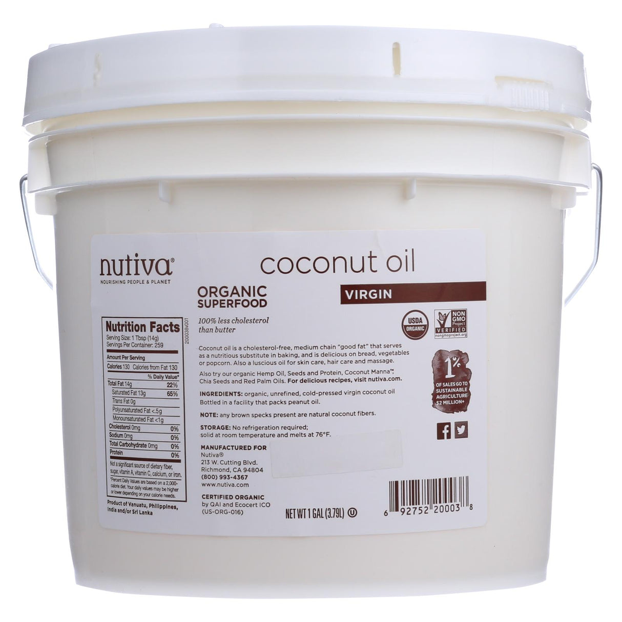 Nutiva Organic Extra Virgin Coconut Oil, 1 Gallon - Cozy Farm
