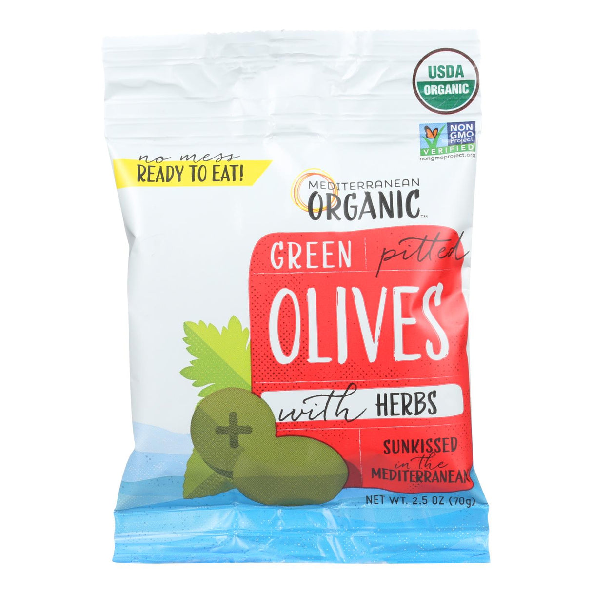 Organic Mediterranean Green Pitted Olives with Herbs, 2.5 Oz (Pack of 12) - Cozy Farm