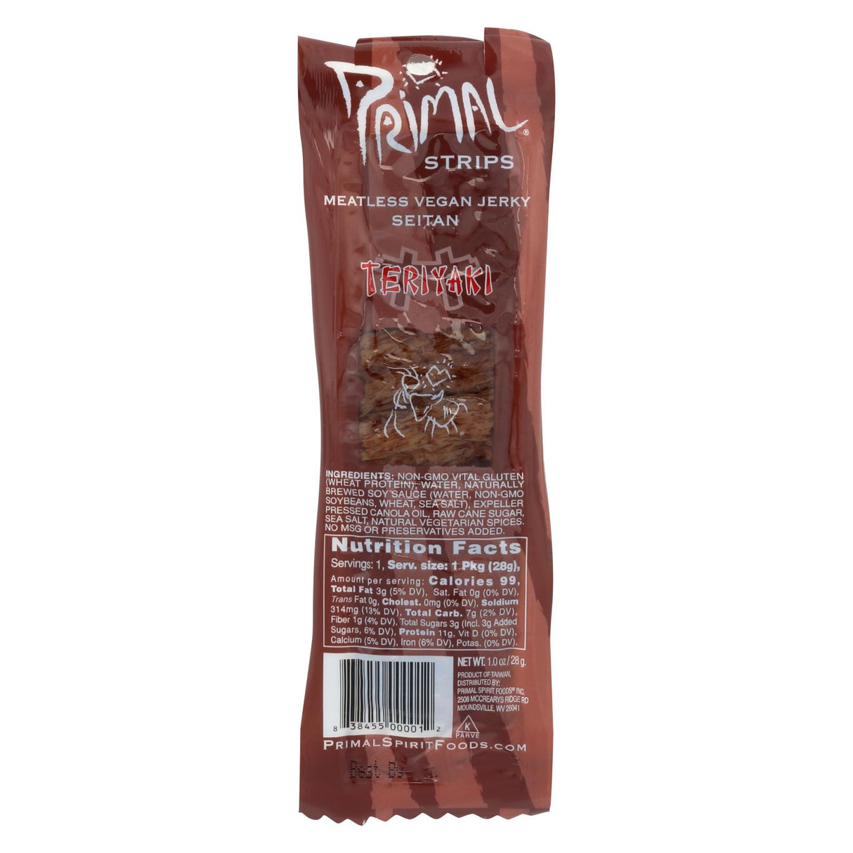 Primal Strips Vegan Jerky - Teriyaki Flavor, Meatless Seitan, 1 oz (Pack of 24) - Cozy Farm