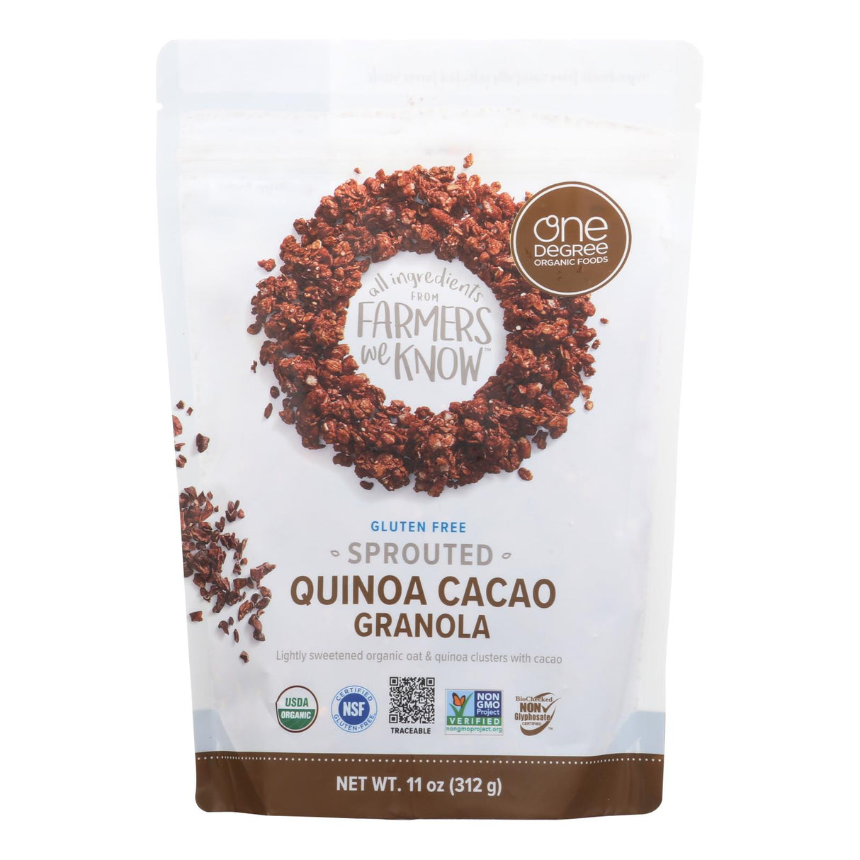 One Degree Organic Foods Quinoa Cacao Granola - Sprouted Oat 11 Oz. (Pack of 6) - Cozy Farm