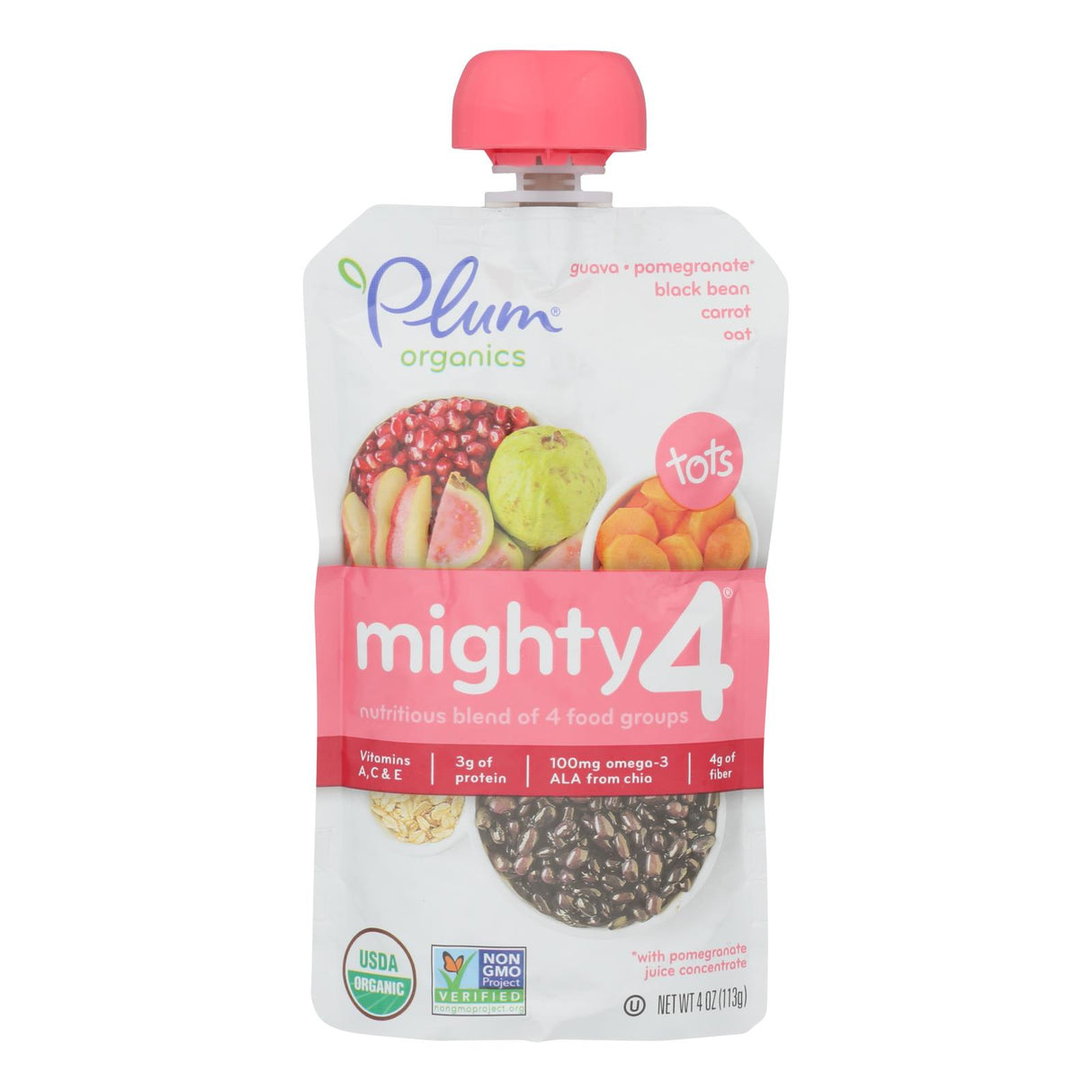 Plum Organics Mighty 4 Blends Tots - Guava, Pomegranate, Black Bean, Carrot & Oat - 4 Oz. Pouches (Pack of 6) - Cozy Farm
