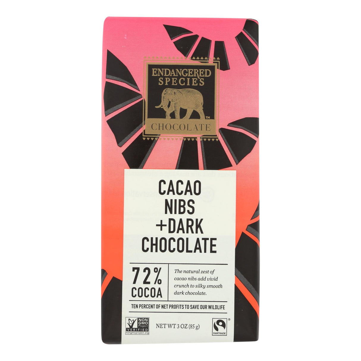 Endangered Species Dark Chocolate Bars (Pack of 12) - Natural, 72% Cocoa with Cacao Nibs - 3 Oz. - Cozy Farm