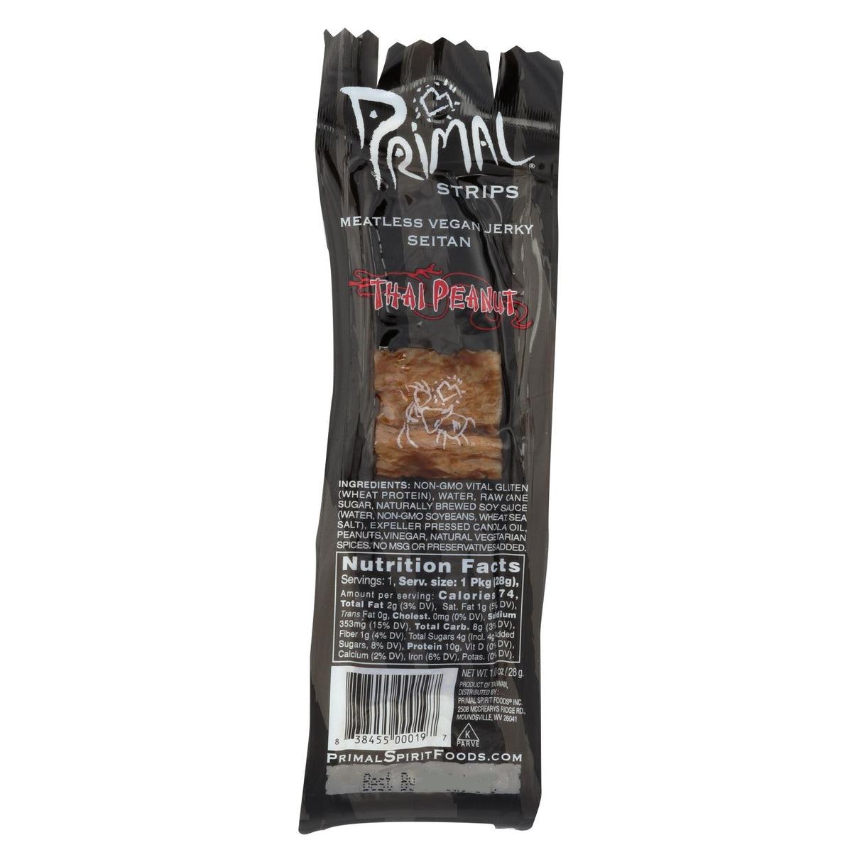 Primal Strips Vegan Jerky: 24-Pack Meatless Seitan, Thai Peanut Flavor - (1 Oz. Strips) - Cozy Farm