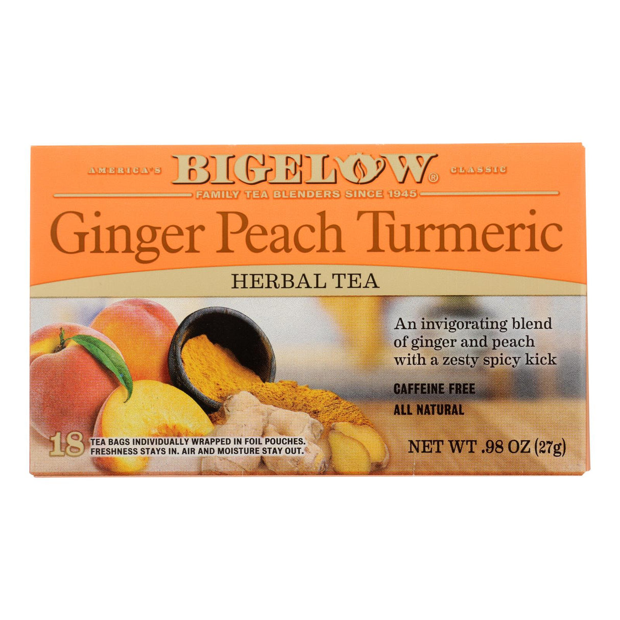 Bigelow Ginger Peach Turmeric Herbal Tea (Pack of 6 - 18 Tea Bags) - Cozy Farm