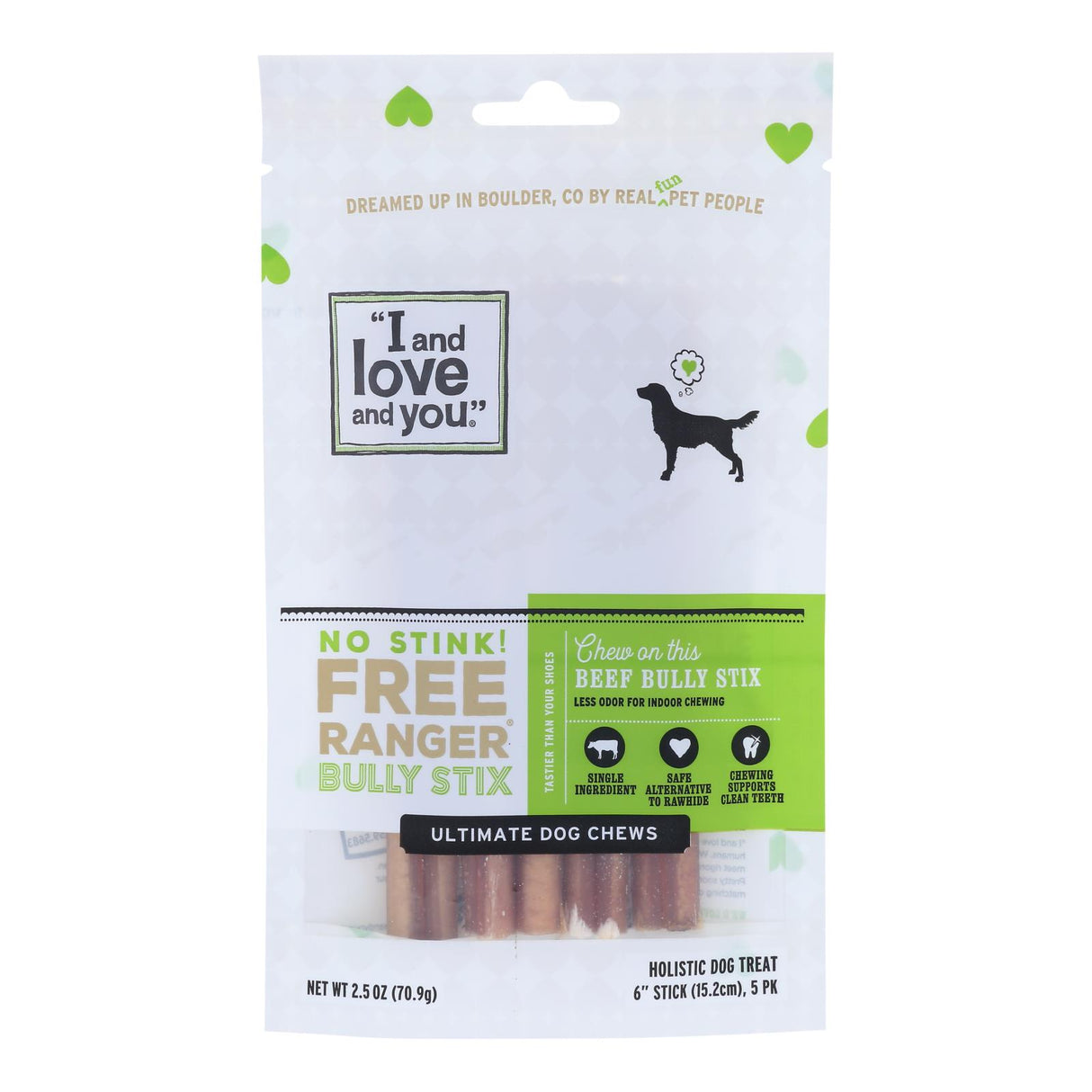 I and Love and You Dog Chews - No Stinky Free-Range Bully Stix (Pack of 6 - 5 Pcs) - Cozy Farm