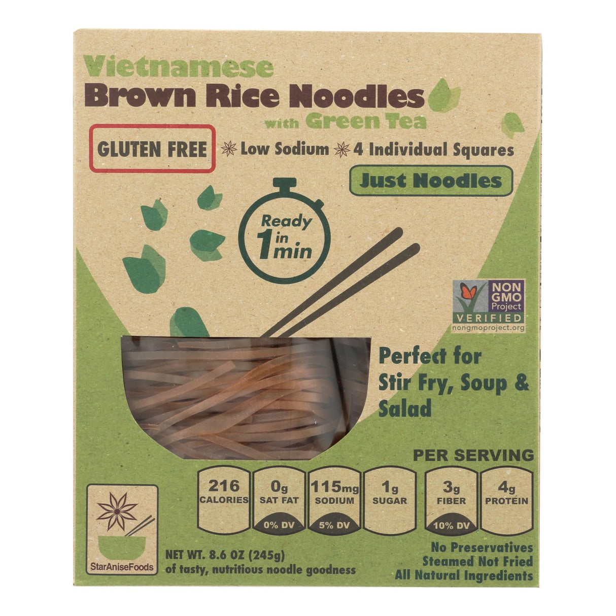 Star Anise Foods Brown Rice Vietnamese Noodles with Organic Green Tea (Pack of 6) - 8.6 Oz - Cozy Farm