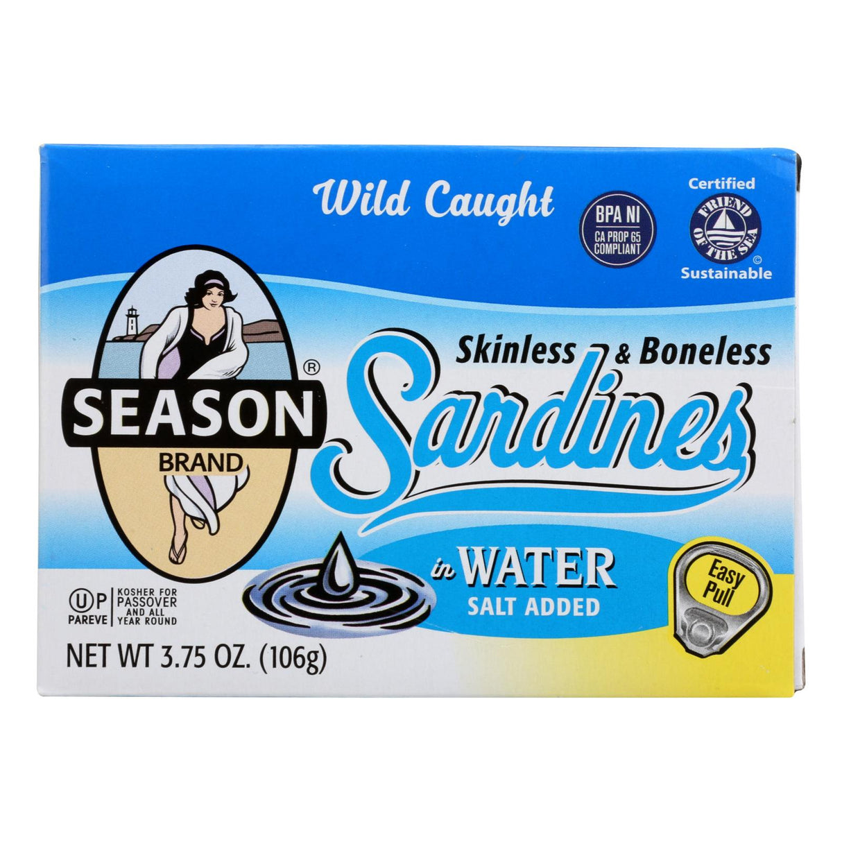 Season Skinless and Boneless Sardines in Water with Salt (Pack of 12) - 3.75 Oz Each - Cozy Farm
