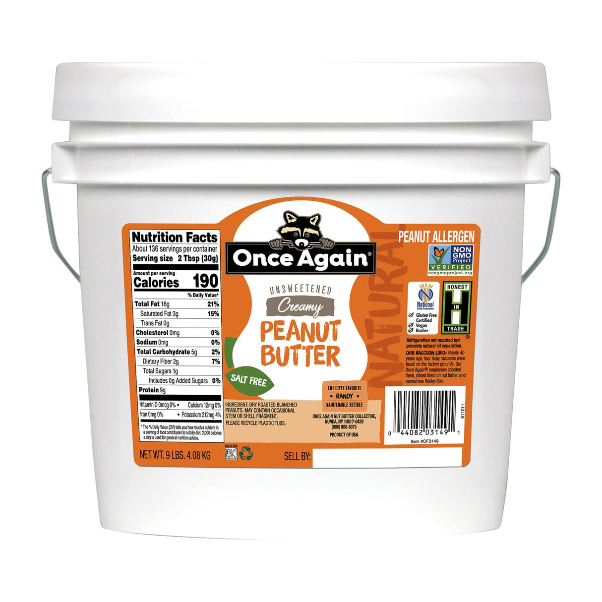 Peanut Butter (9 lb.) Non-GMO, No Salt Organic Creamy - Cozy Farm