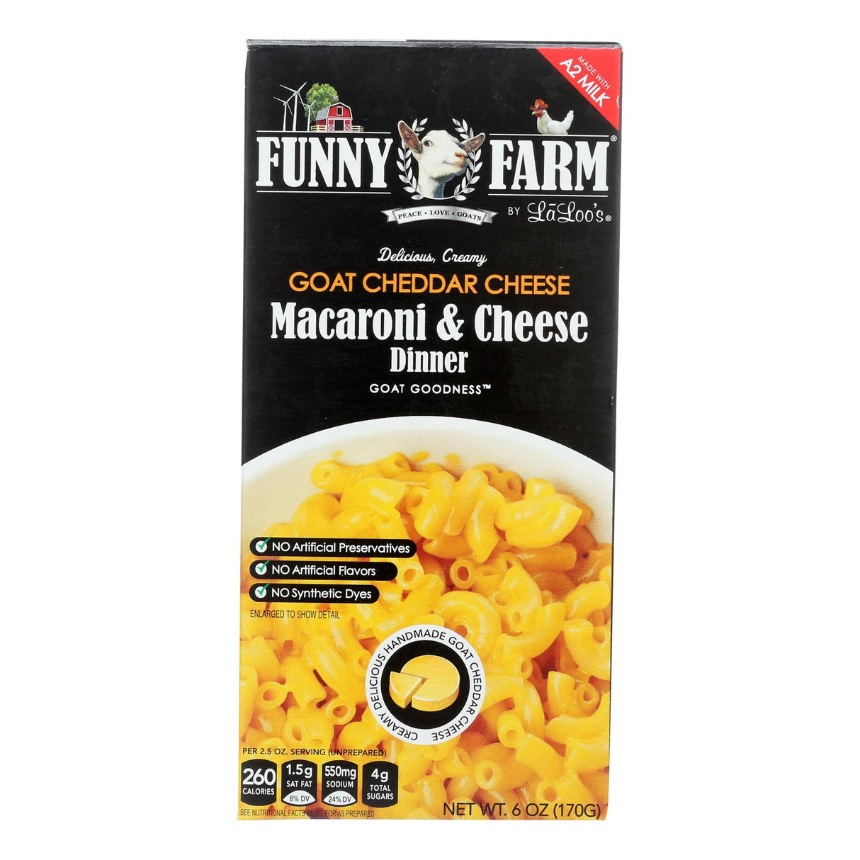 Funny Farm La Loo's Temperature Controlled Goat Cheddar Macaroni & Cheese (Pack of 8 - 6 Oz.) - Cozy Farm