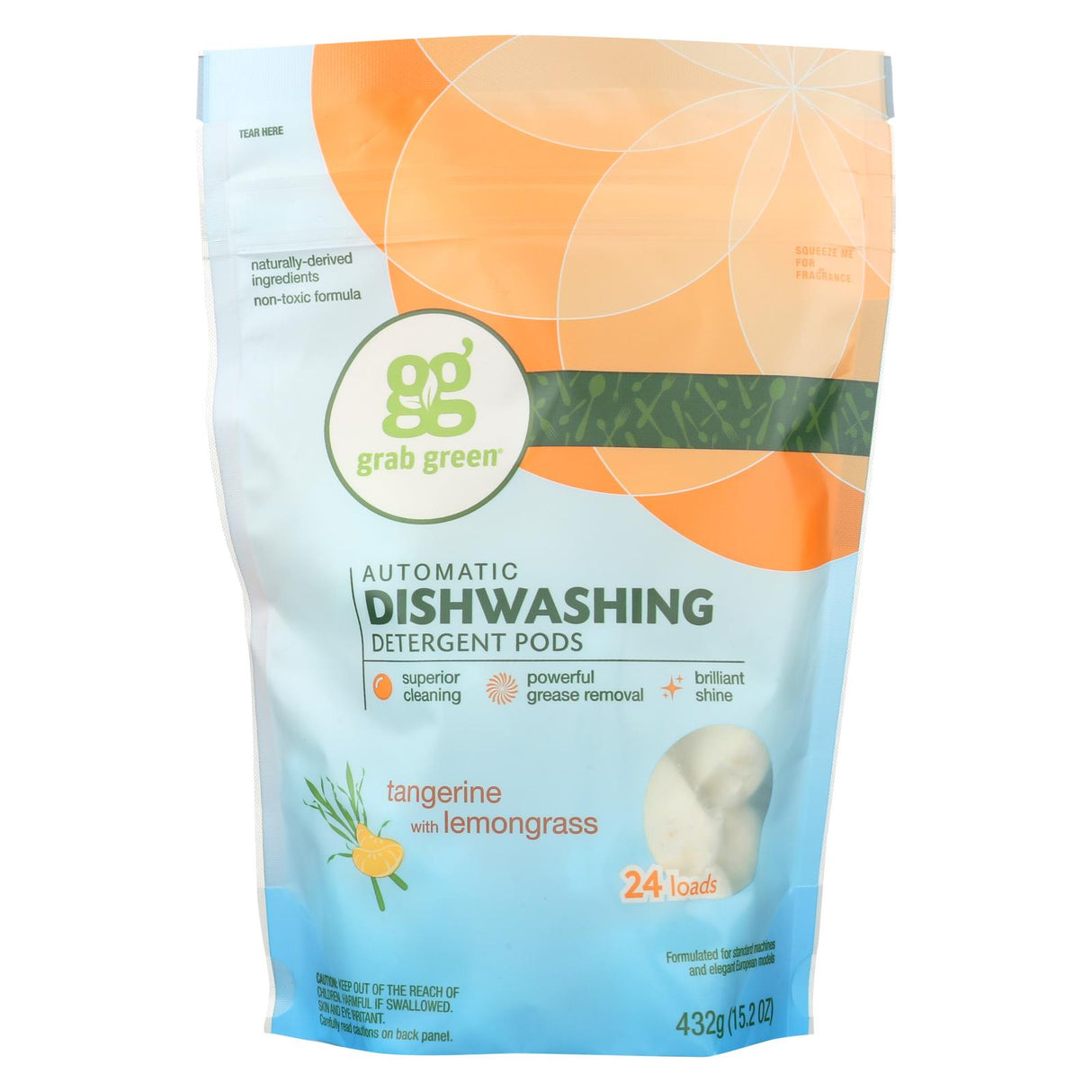 Grab Green Automatic Dishwasher Pods - Tangerine With Lemongrass Scent (Pack of 6, 24 Pods) - Cozy Farm