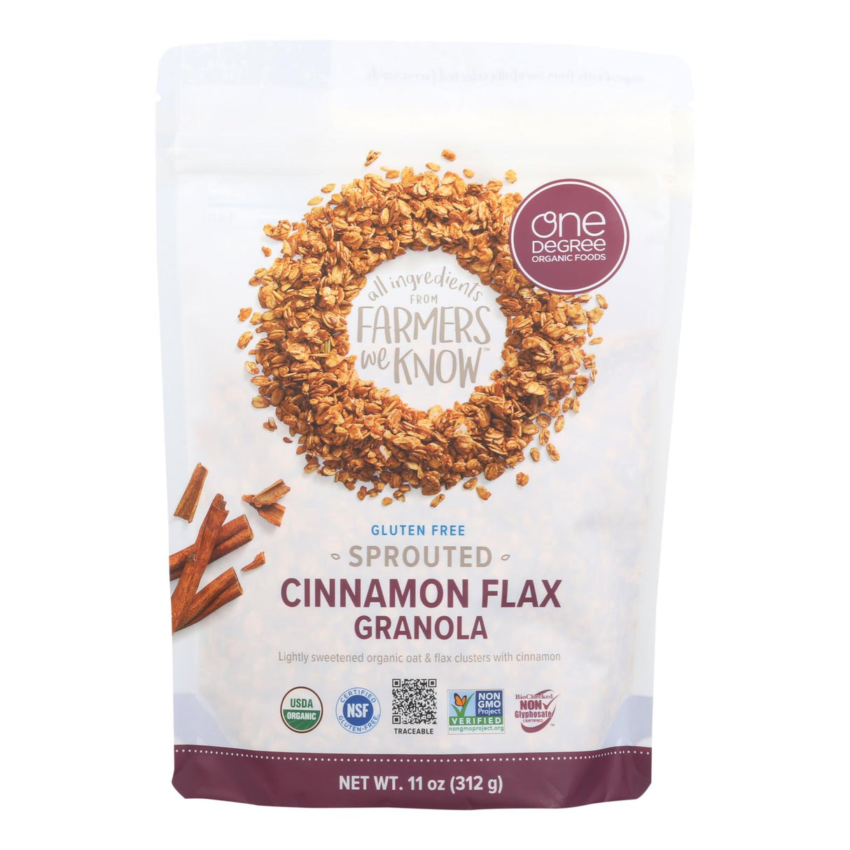 One Degree Organic Foods Cinnamon Flax Granola - Sprouted Oats - 11 Oz. (Pack of 6) - Cozy Farm