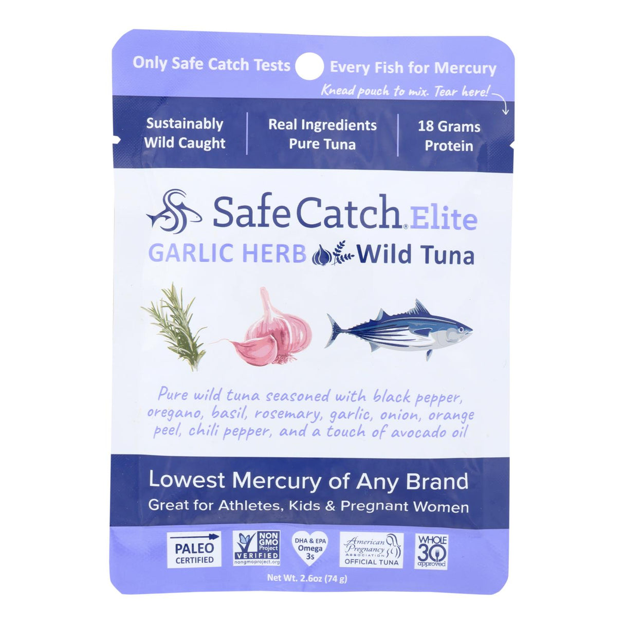 Safe Catch Tuna: Garlic Herb Flavor - 2.6 Oz. Pouch (Pack of 12) - Cozy Farm