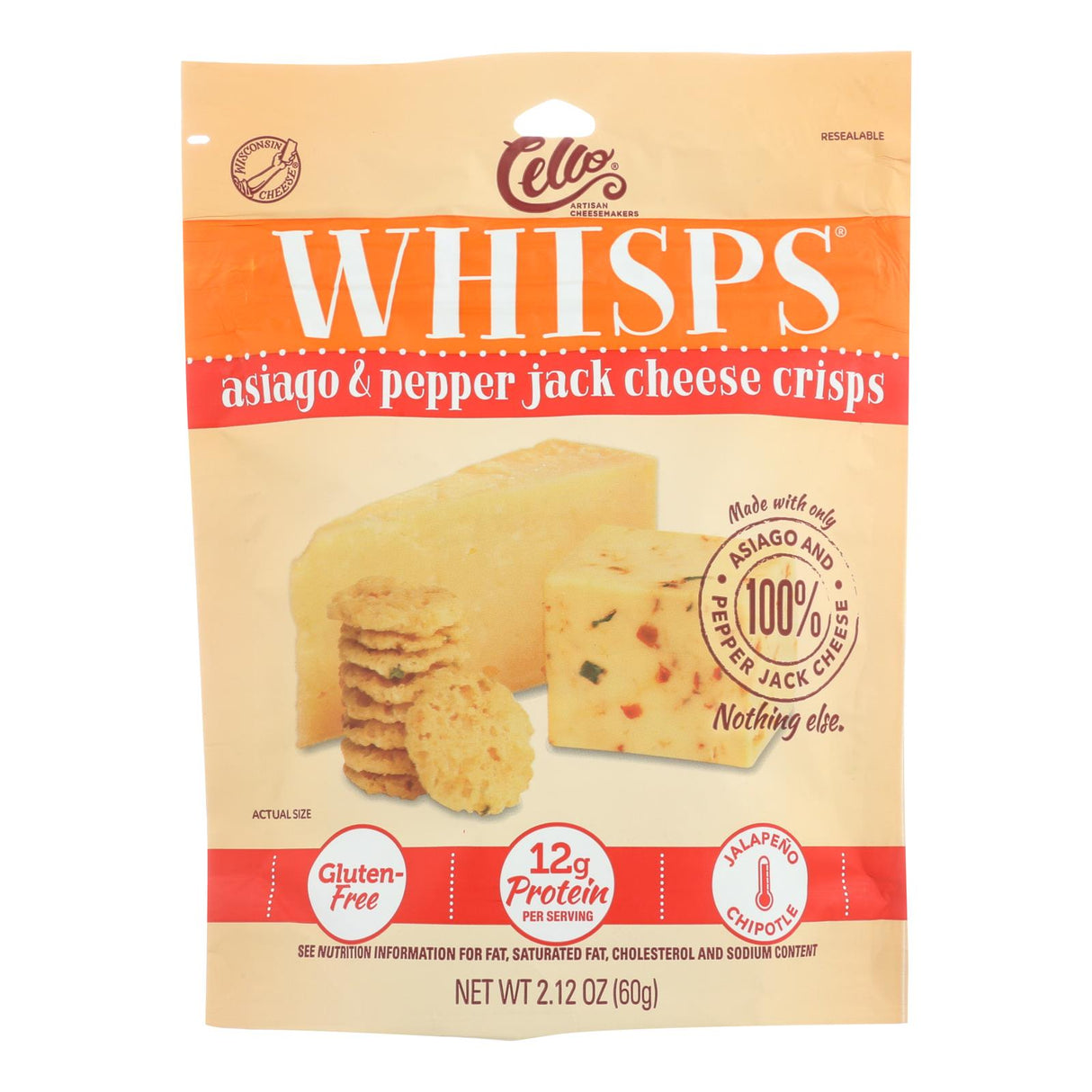 Cello Whisps Asiago & Pepper Jack Cheese Crisps, 12 x 2.12 Oz. Bags - Cozy Farm