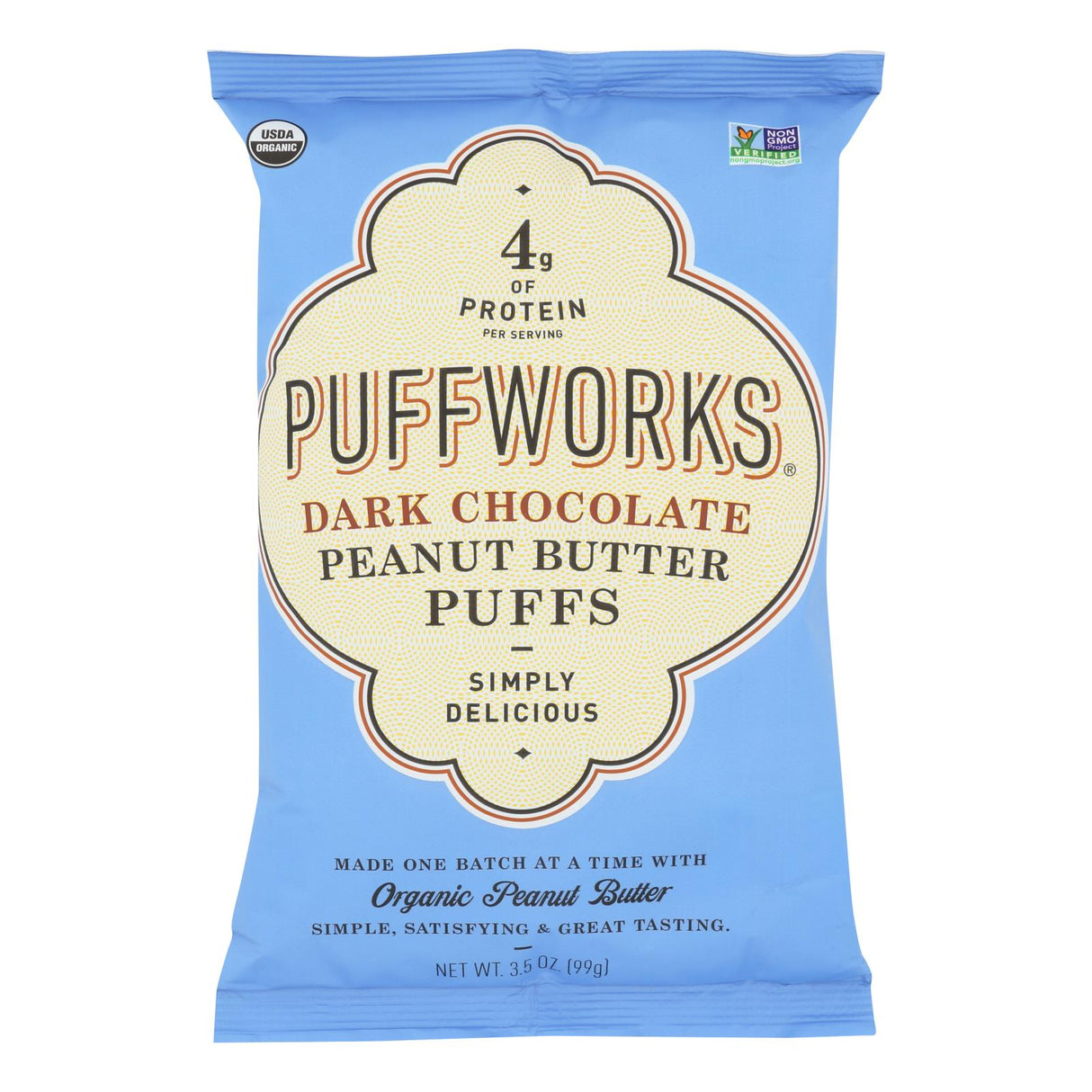 Puffworks Gluten Free Dark Chocolate Peanut Butter Bites - 8 Pack, 3.5 Oz. Each, 0.9 Degrees Temperature - Cozy Farm