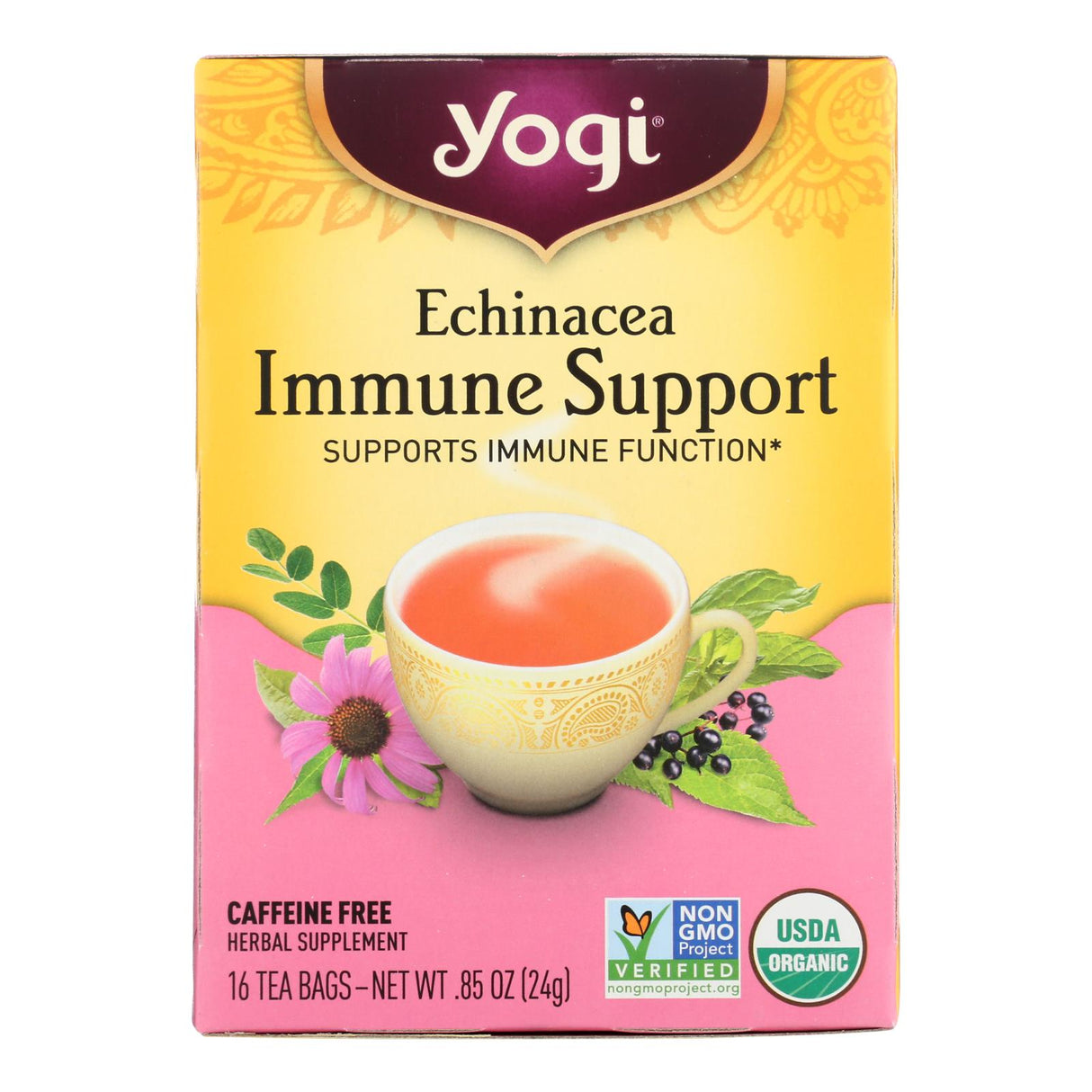 Yogi Immune Support Tea: Echinacea, Elderberry & Rose Hips (16 Tea Bags/Pack, Pack of 6) - Cozy Farm