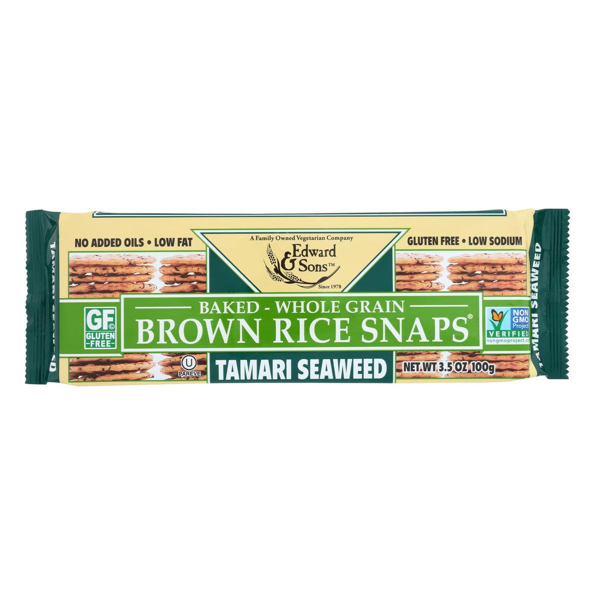 Edward And Sons Brown Rice Snaps - Tamari Seaweed 12-Pack - 3.5 Oz. - Cozy Farm
