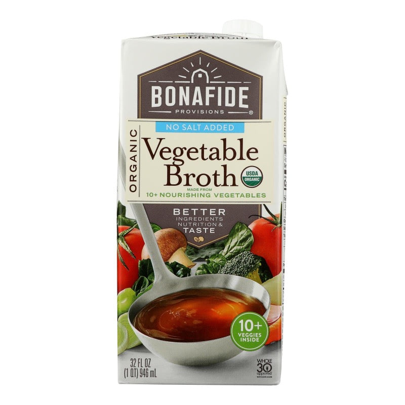 Bonafide Provisions Low Sodium Vegetable Broth, No Salt Added, 32 Oz Pack of 6 - Cozy Farm