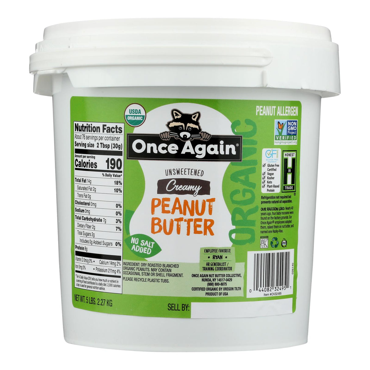 Once Again Creamy No Salt Peanut Butter (5 lbs) - Cozy Farm
