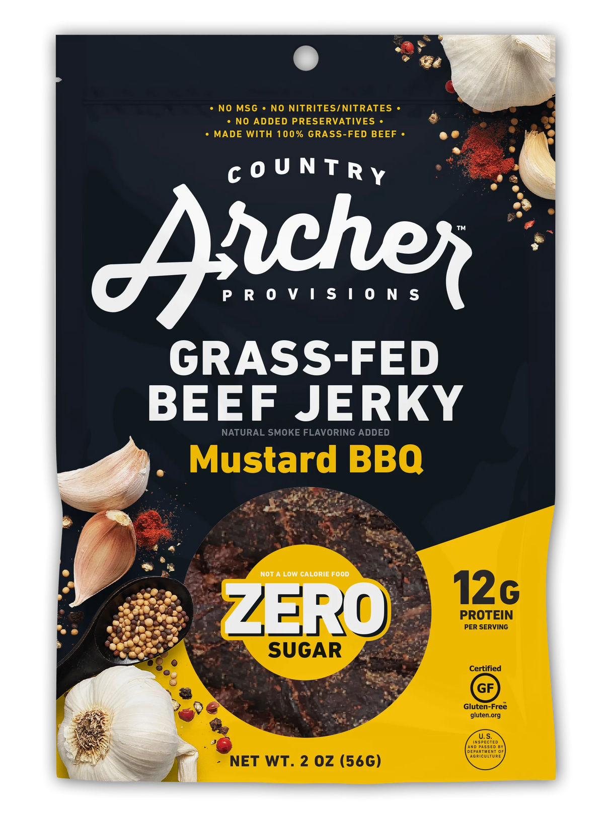 Country Archer Zero Calorie Beef Jerky Mustard BBQ (Pack of 12-2oz) - Cozy Farm