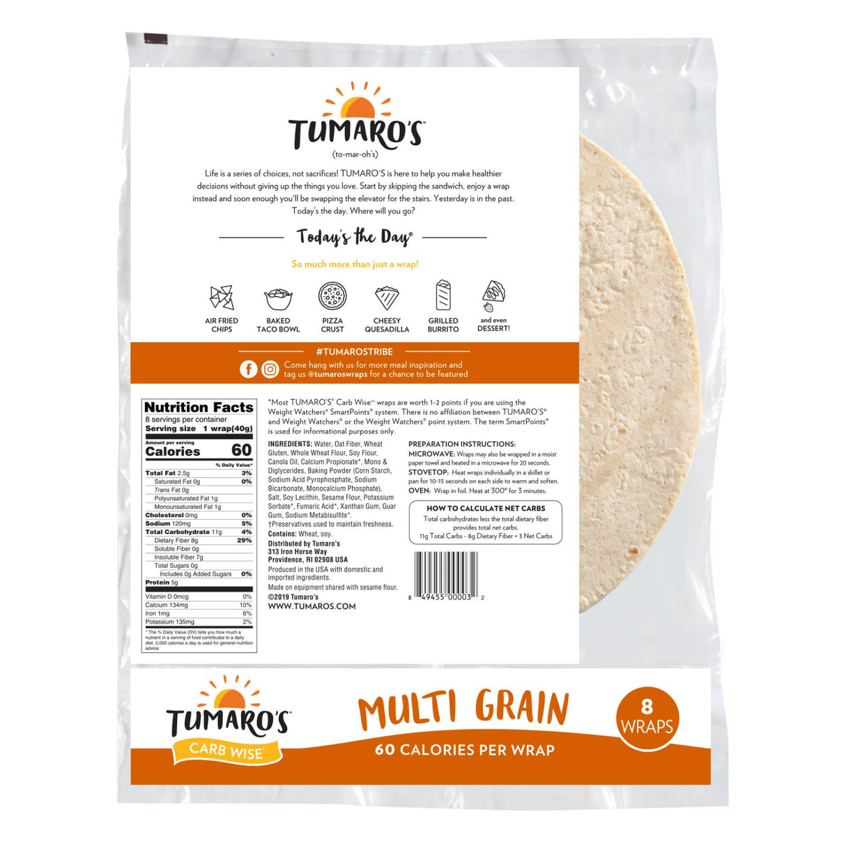 Tumaro's Carb Wise Multi Grain Wraps, 8 Count (Pack of 6) - Cozy Farm