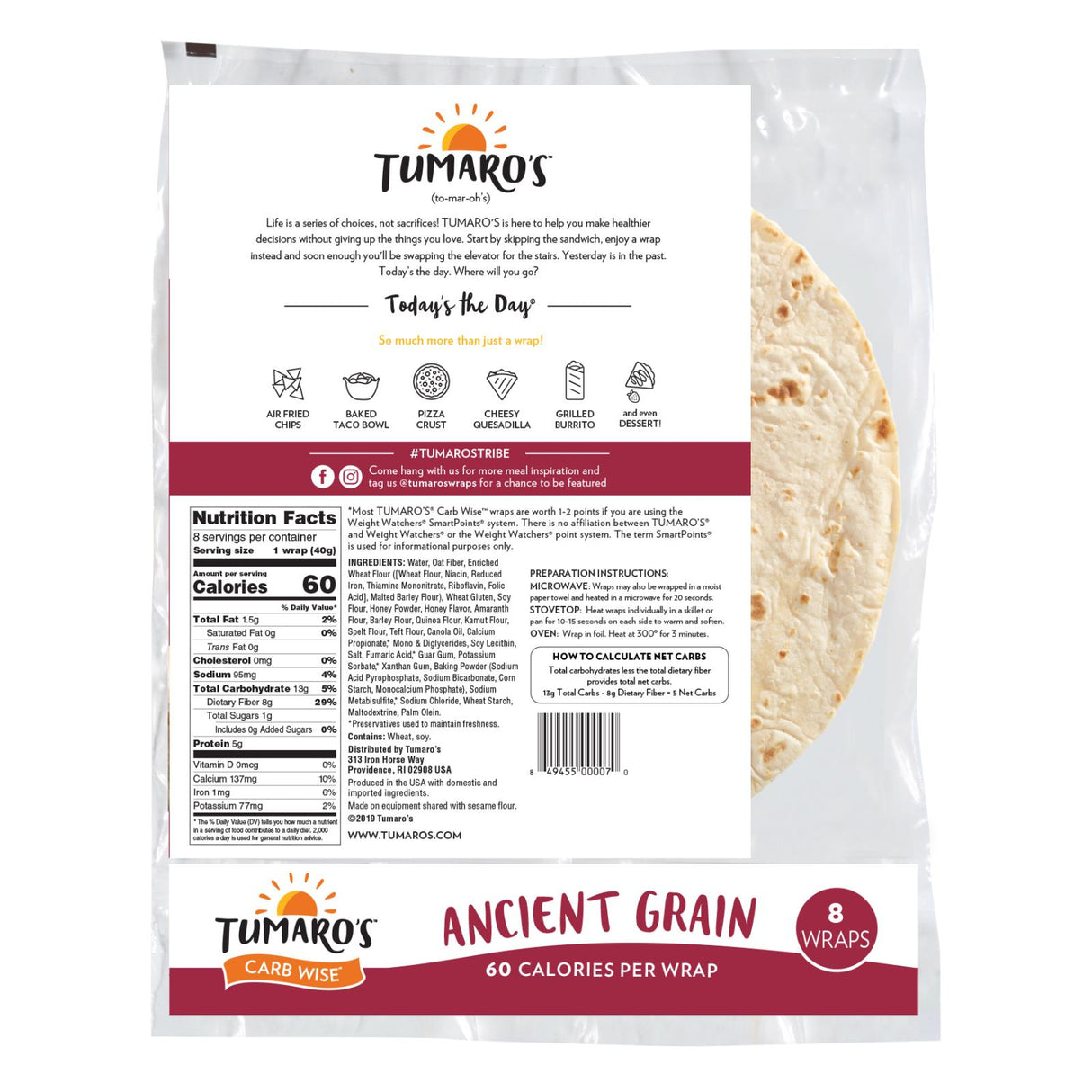 Tumaro's Carb Wise Ancient Grain Wraps, 8-Inch, 48 Count - Cozy Farm