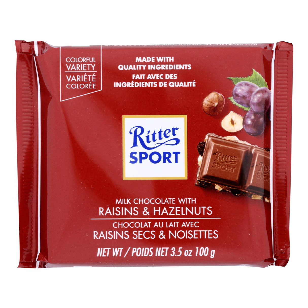 Ritter Sport Chocolate Bar - Milk Chocolate - Raisins And Hazelnuts - 3.5 Oz Bars - Case Of 12 - Cozy Farm