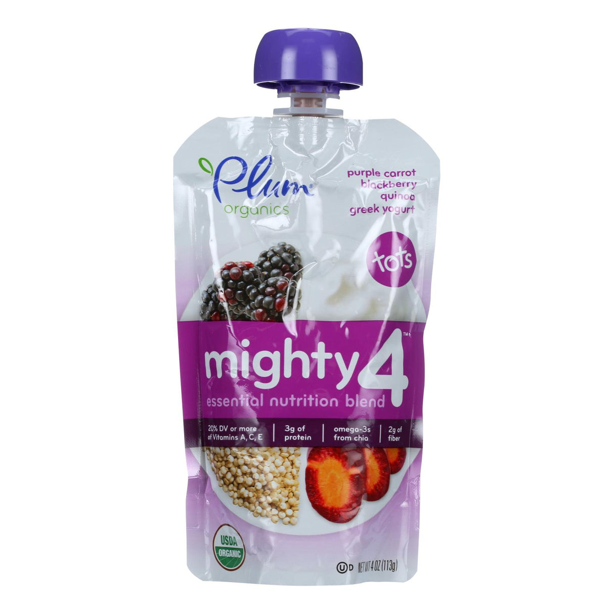 Plum Organics Essential Nutrition Blend - Mighty 4 (Pack of 6) Purple Carrot Blackberry Quinoa Greek Yogurt - 4 Oz - Cozy Farm