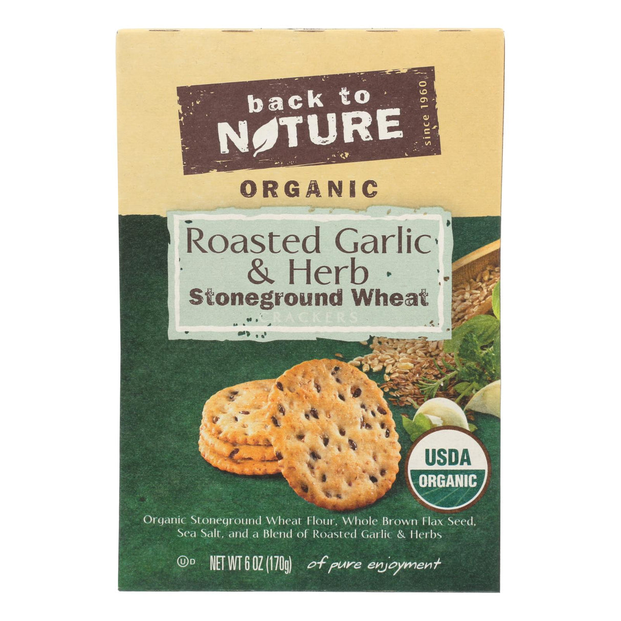 Back to Nature Stoneground Wheat Crackers with Roasted Garlic & Herb (Pack of 6 - 6 Oz.) - Cozy Farm