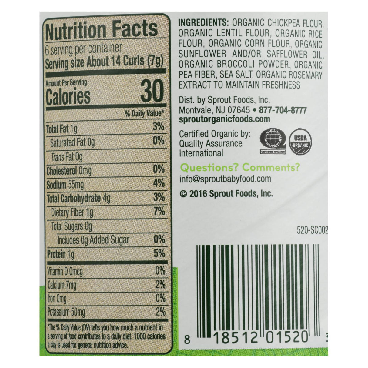 Sprout Organic Broccoli Curls Baked Toddler Snacks 1.48 Oz. Pack of 6 - Cozy Farm