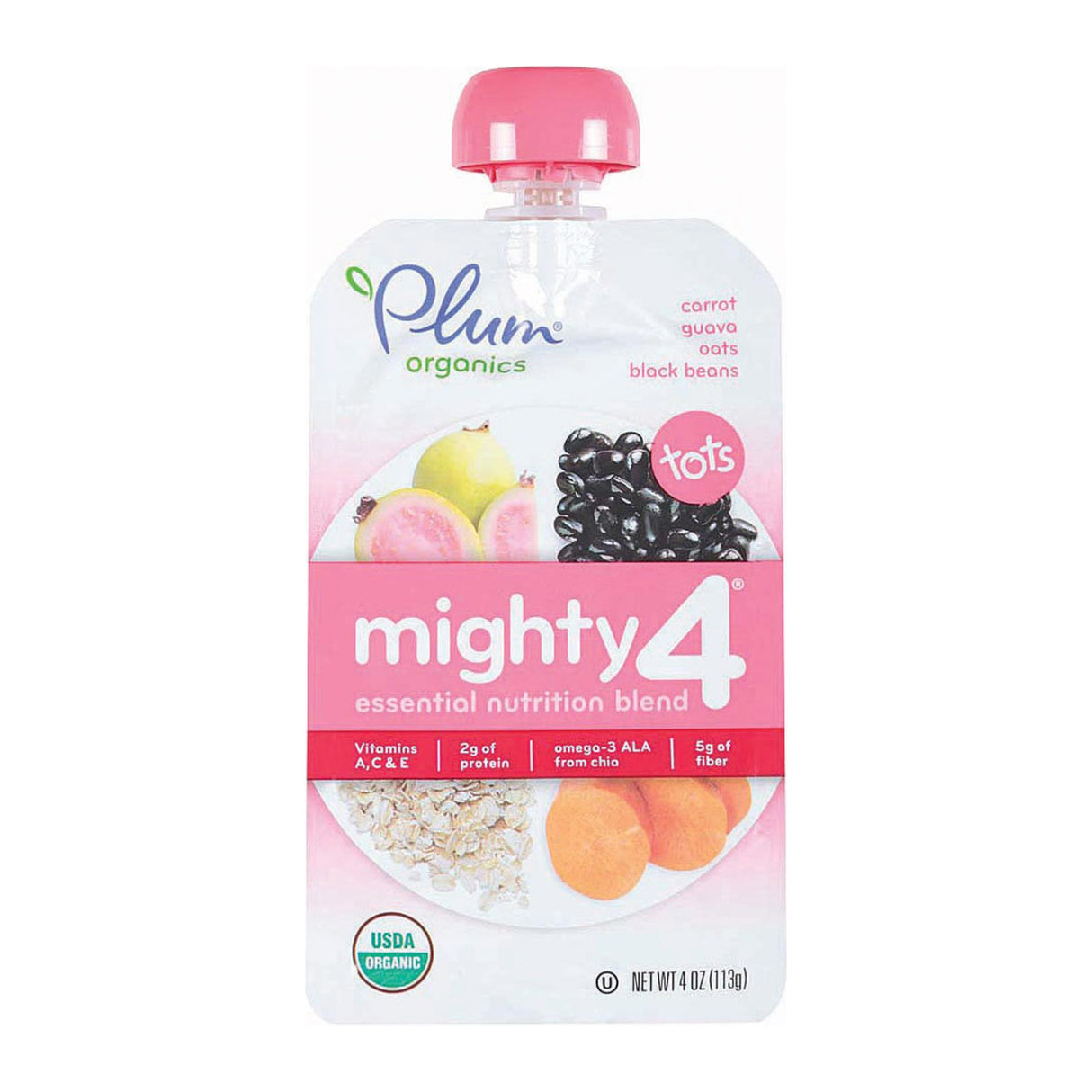 Plum Organics Mighty 4 Blends Tots - Guava, Pomegranate, Black Bean, Carrot & Oat - 4 Oz. Pouches (Pack of 6) - Cozy Farm