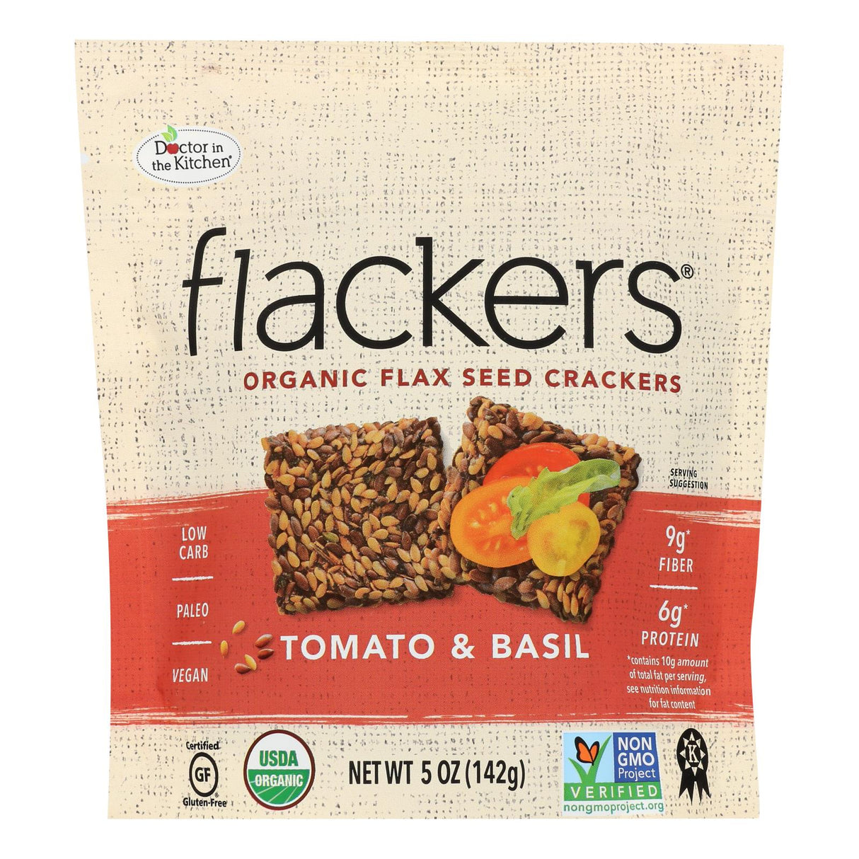 Doctor In The Kitchen - Organic Flax Seed Crackers - Tomato And Basil - Case Of 6 - 5 Oz. - Cozy Farm