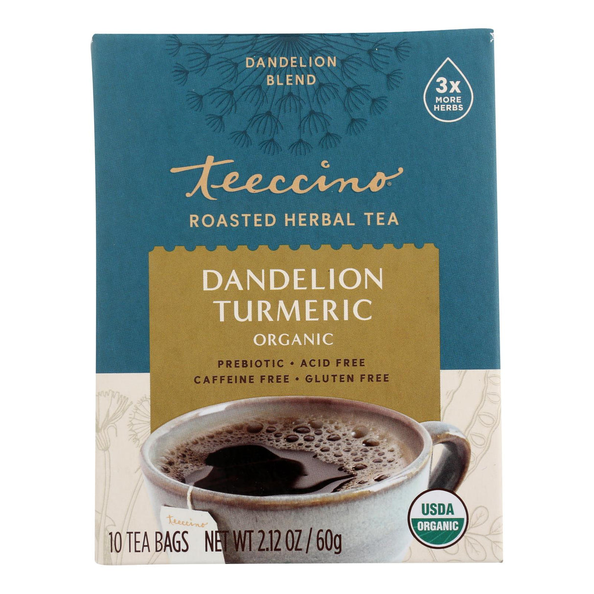 Teeccino Dandelion Turmeric and Chicory Herbal Tea, 10-Count Box - Cozy Farm
