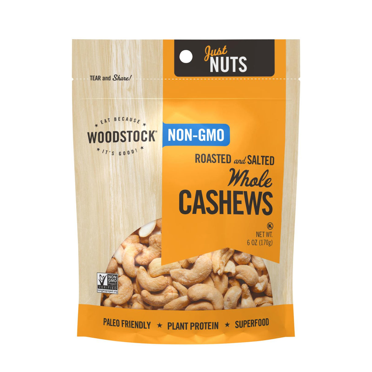 Woodstock Non-GMO Roasted and Salted Cashews (8 x 6 oz.) - Cozy Farm