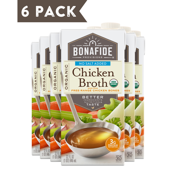 Bonafide Provisions No Salt Chicken Broth (Pack of 6 - 32 Fl Oz) - Cozy Farm
