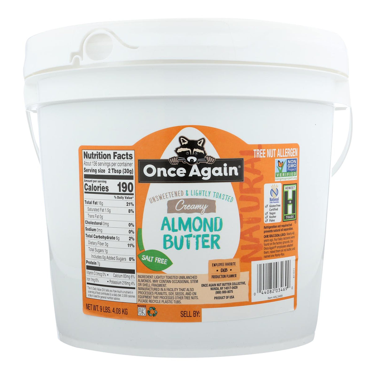 Once Again Natural Premium Smooth Almond Butter - 9 lb. Single Bulk Item - Cozy Farm