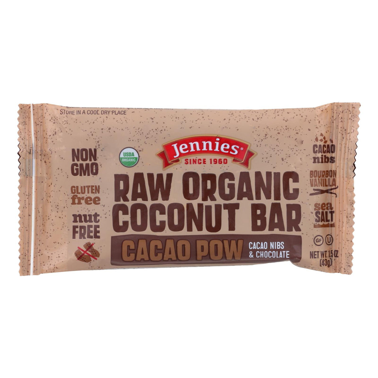 Jennie's Organic Coconut Bar with Cacao Powder - Case of 12 - 1.5 oz - Cozy Farm
