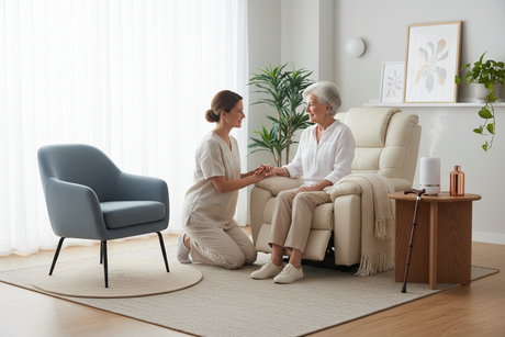 A serene, well‑lit living room designed for an older adult