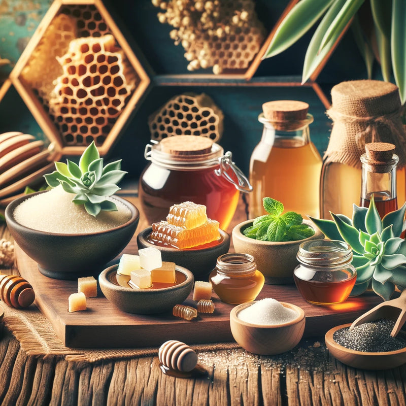 A variety of natural sweeteners including honey, maple syrup, stevia, and agave nectar displayed on a rustic wooden table at Cozy Farm, surrounded by elements hinting at their origin like honeycombs, maple leaves, and agave leaves