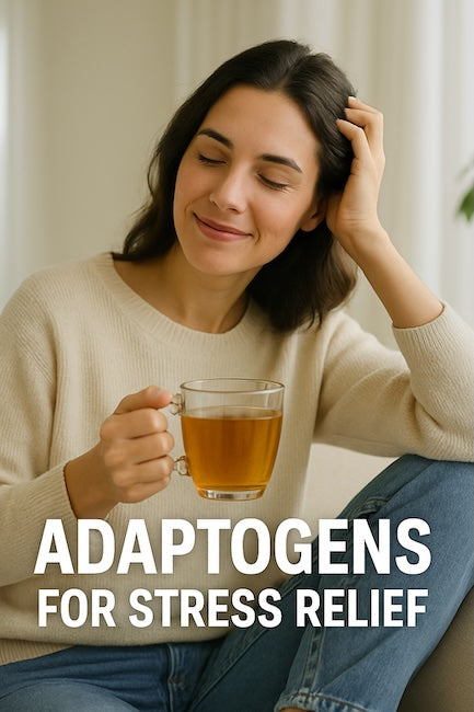 A woman in a cozy cream sweater sits peacefully on a beige couch, eyes closed and smiling gently, holding a glass mug of herbal tea. Bold white text at the bottom reads Adaptogens for Stress Relief